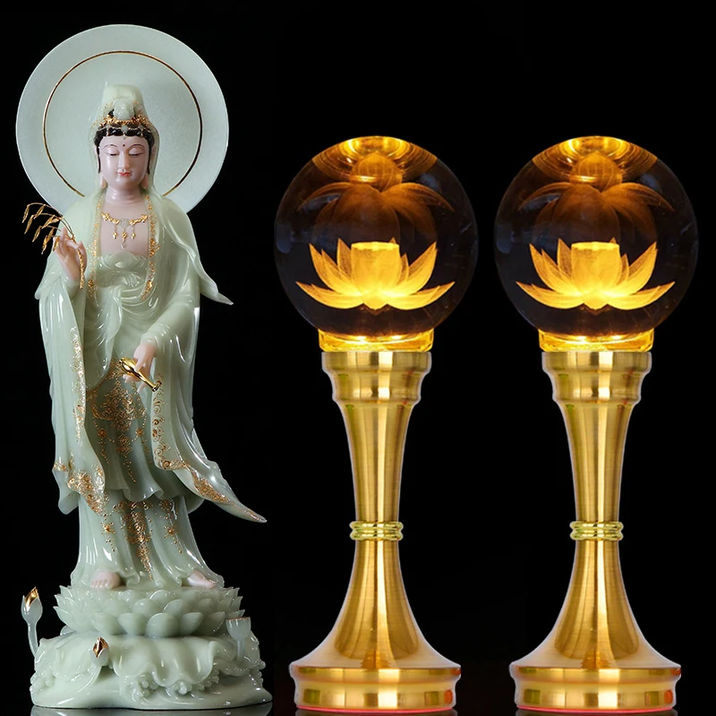 2P # Wholesale Buddhism supply HOME temple altar worship crystal GUAN YIN Buddha Lamp God of wealth Light  27cm large