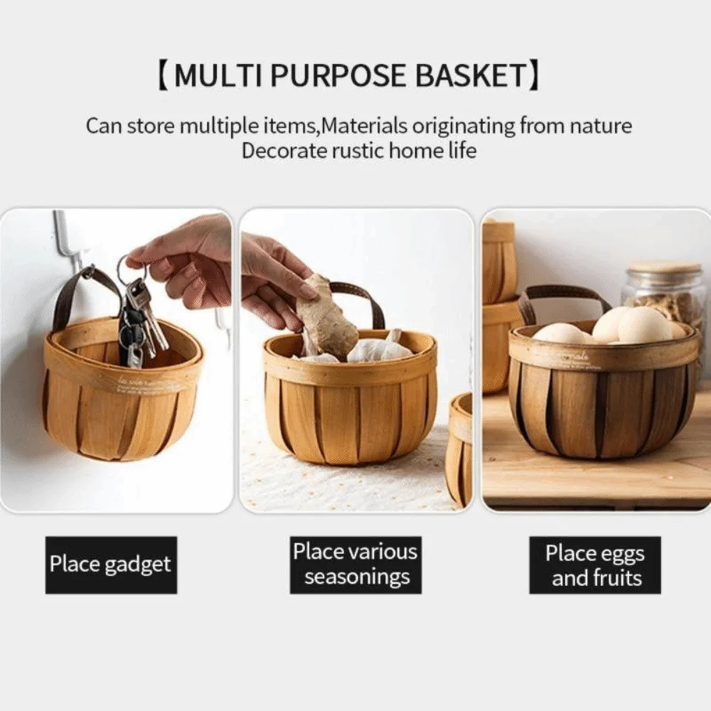 Wood Hanging Storage Basket Wall Hanging Space Saving Garlic Onion Holder Open Top Handwoven Kitchen Organizer Basket