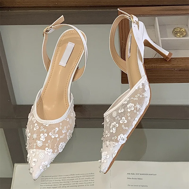 

Eilyken New Design Glitter Breathable Mesh Buckle Strap Women Pumps Sandals Fashion Thin High Heels Slingbacks Shoes