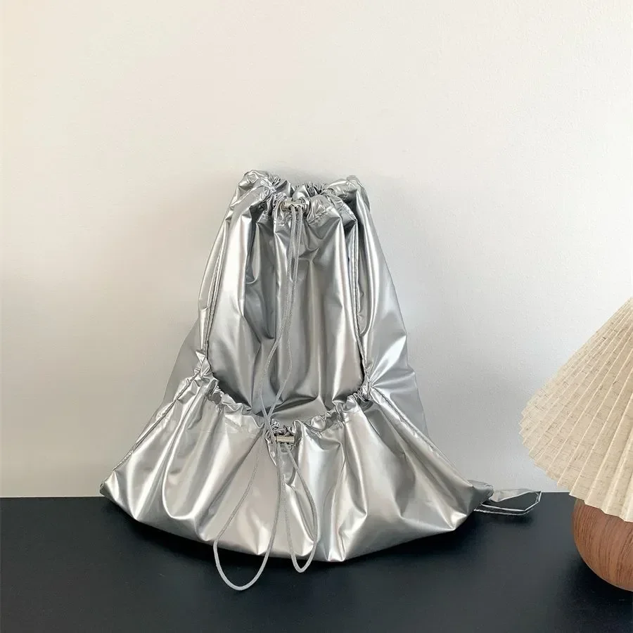 Sac à dos en cuir argenté pour femme, sac à dos avec cordon de proximité pour voyage, sacs d\'école pour adolescentes, mode coréenne