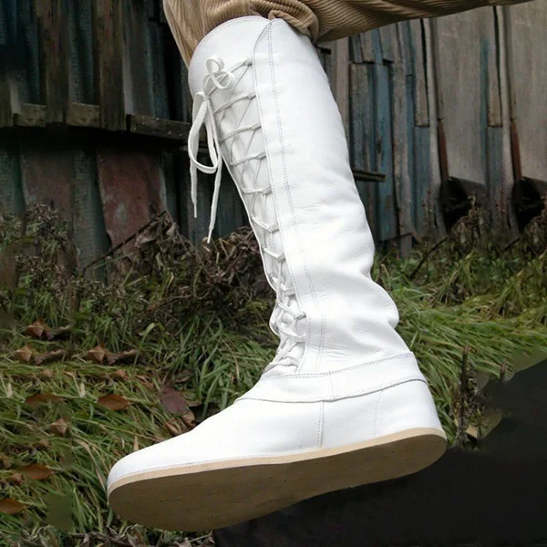 Medieval retro feminino masculino botas de cavaleiro de couro joelho-alta sapatos planos moda dedo do pé redondo roma casual vintage