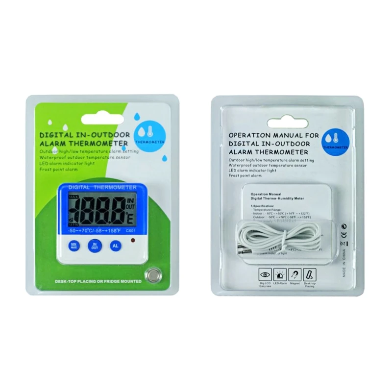 Fridge Thermometer Digital Refrigerator Thermometer with Probe for Indoor Outdoor 10℃～+50℃/+14℉～122℉/-50℃～+70℃/58℉～158℉