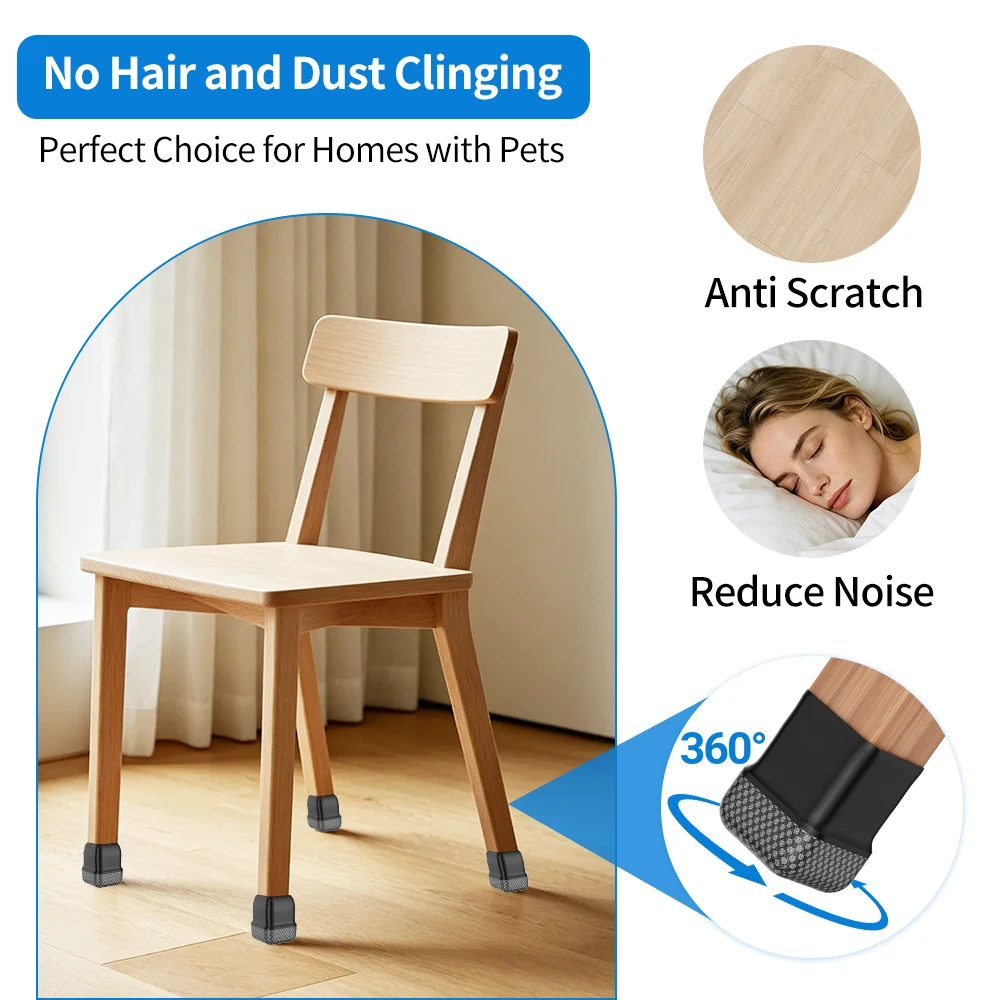 16PCS Chair Leg Protectors Silicone Furniture Leg Covers with Graphene Fabric Bottom Prevent Floor Scratches No Attract Pet Hair