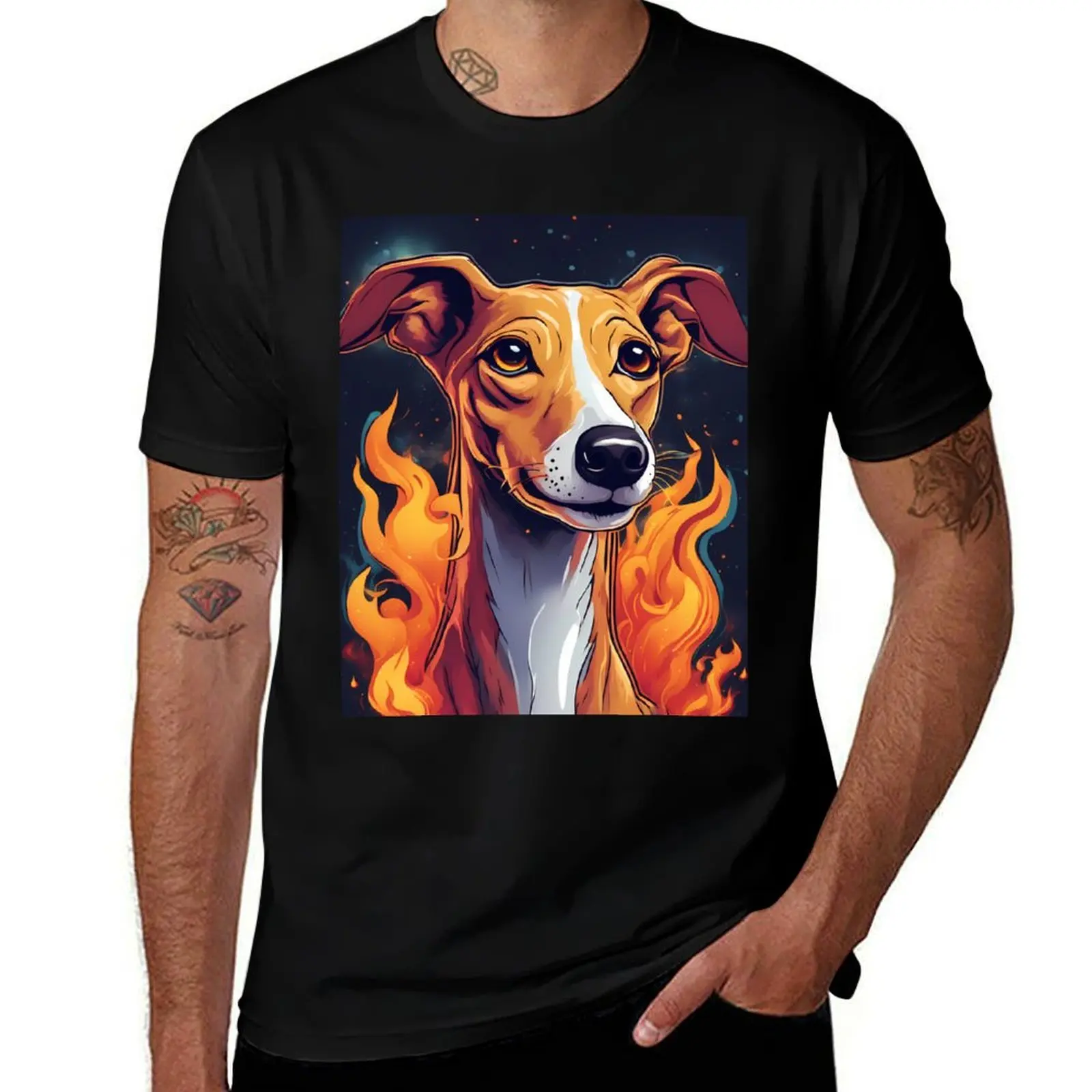 Whippet Dog Portrait: Vivid Flame Aura T-Shirt Anti-Pilling Casual T-Shirt