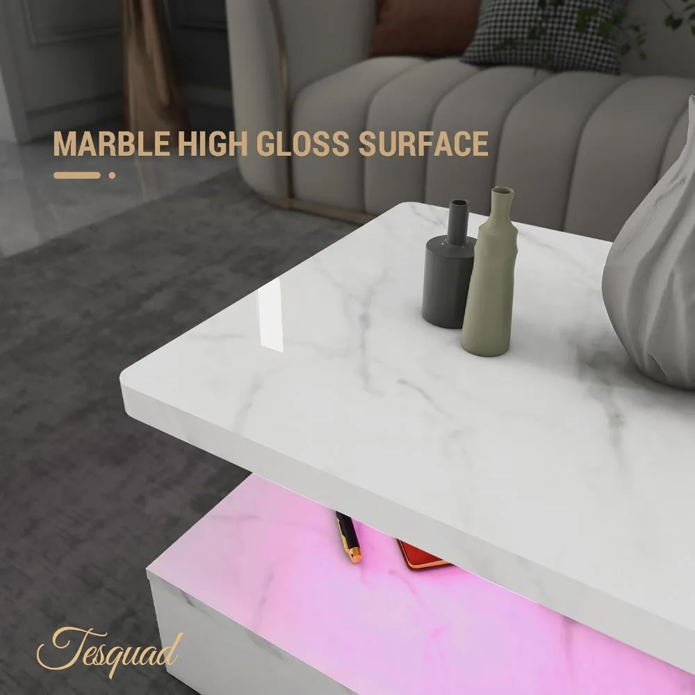 LED Coffee Table Marble Table with High Gloss Surface, Modern White Coffee Table, Marble LED  Table