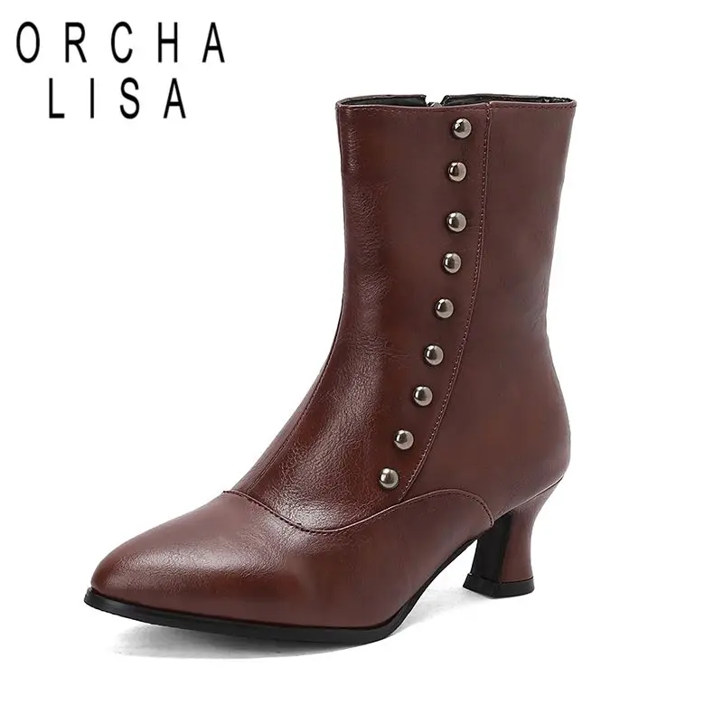 

ORCHA LISA 2026 Новые женские сапоги до середины икры с острым носком 5,5 см, небольшой каблук с заклепками на молнии, большой размер 46 48, осенний зеленый повседневный стиль