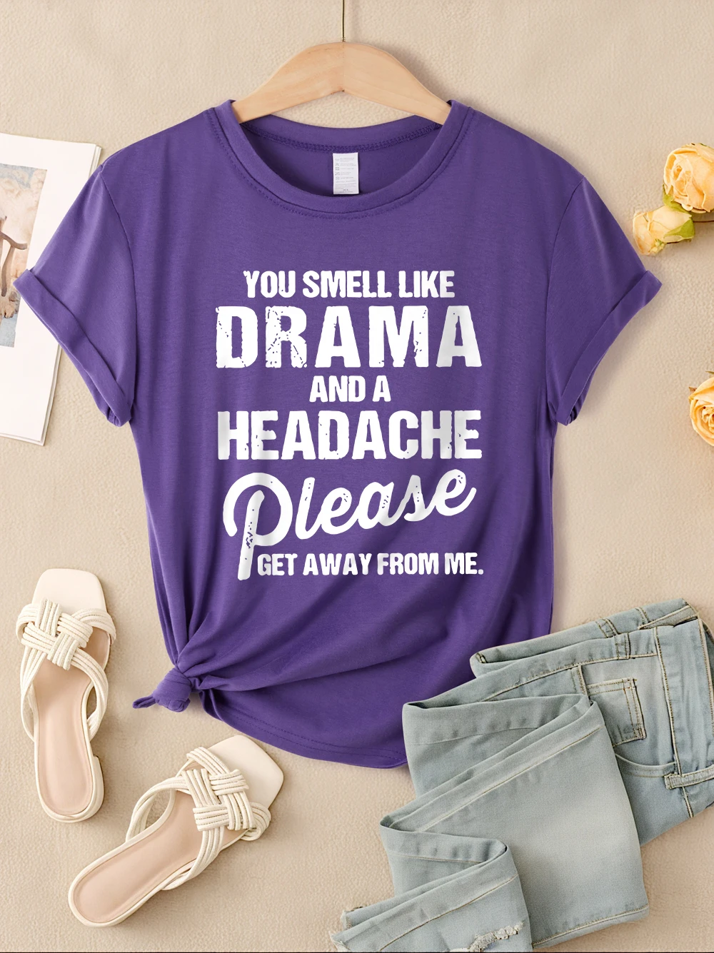 Like Drama And A Headache Please Prints T-Shirts Womens O-Neck Soft T Shirt Casual Loose Tops Sporty Basics Womans Streetwear