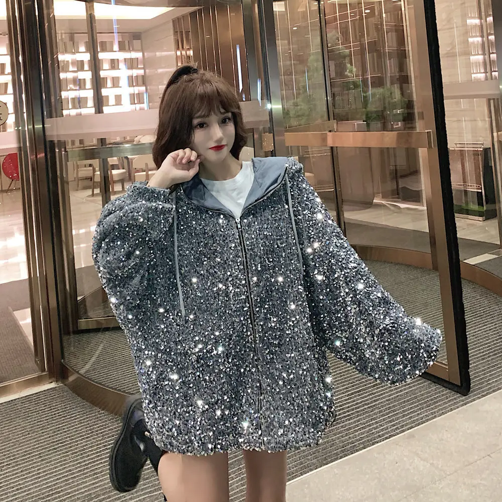 Spring Autumn Girls Fashion Sequin Hooded Jacket Short Coat