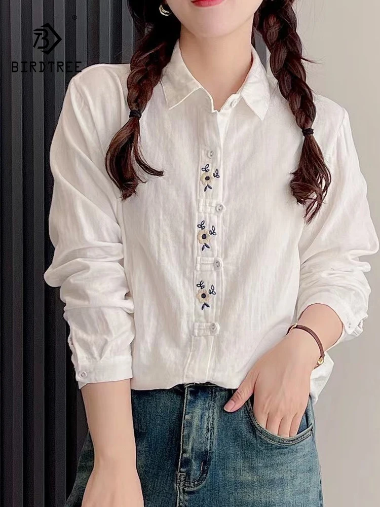 

New Spring Cotton Embroidery Shirt Women Lapel Long Sleeve Simplicity Tops Girl Literature Loose Blouses 2024 Autumn T44611QC