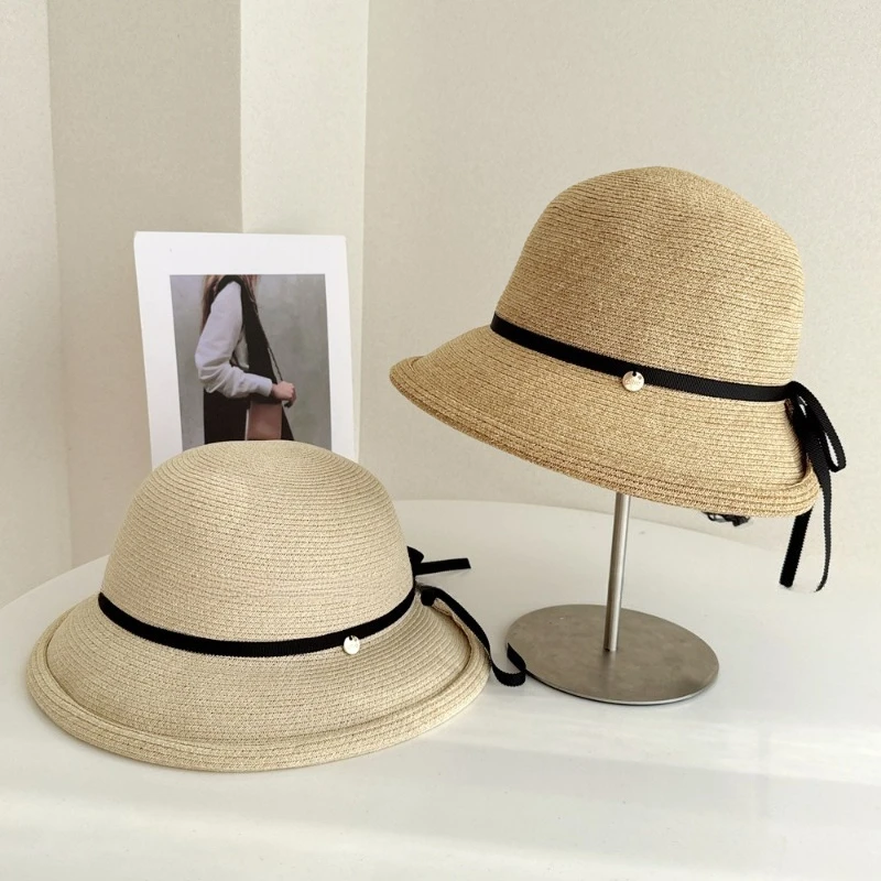 Pure Hand Crocheted Raffia Fisher Hat  Women Delicate And elegant Summer Sun Protection Big Bow Streamer Beach Hat