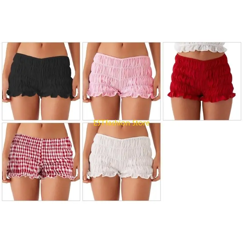 Y5GC Women Girls Sweet Bloomers Shorts Ruffled Cake Shorts Low Waist Smocked Ruched Shorts Vintage Pajamas Shorts Pettipants