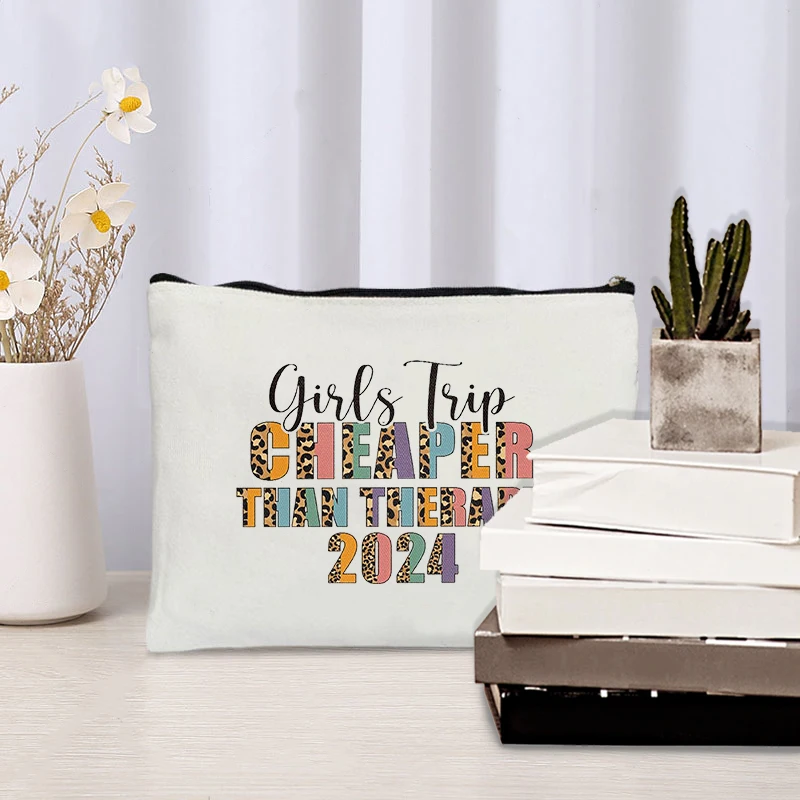 Girls Trip Cheaper Than Therapy 2024 Pattern Cosmetic Case Women Canvas Purse Funny Girls Weekend Gift Women Travel Lipstick Bag