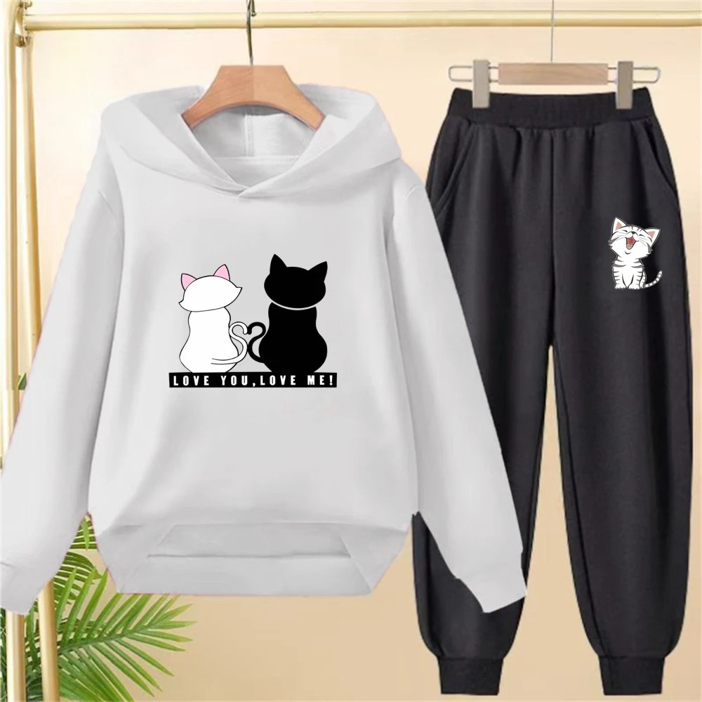 

Детская толстовка с капюшоном Love you Love me для девочек, белые розовые толстовки + брюки, костюм для малышей 3-12 лет, толстовка, пальто, черная одежда