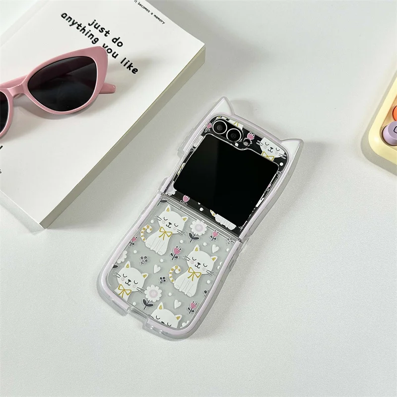 Phone Cases For Samsung Galaxy Z Flip 6 5 4 3 ZFlip6 Z Flip6 ZFlip 6 Cute Flower Cat Bracelet Cat Ears Shockproof Back Cover image 3