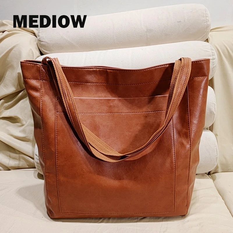 

MEDIOW Large Capacity Tote Bags For Women Luxury Designer Handbags And Purses 2023 New In PU Vintage Soft Wax Skin Shoulder Bag