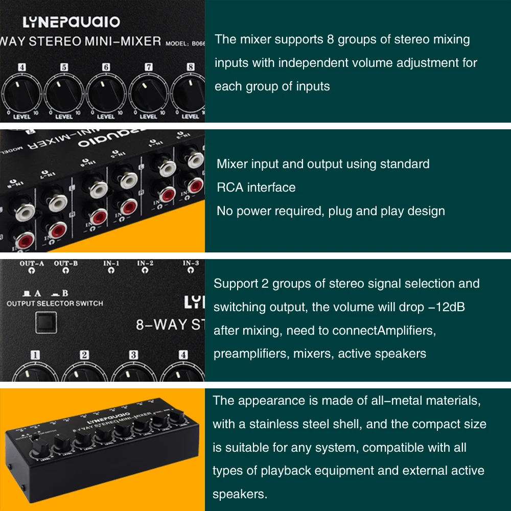 Mini mezclador estéreo pasivo de 8 canales No requiere energía Mezclador de audio estéreo de 8 canales Interfaz RCA