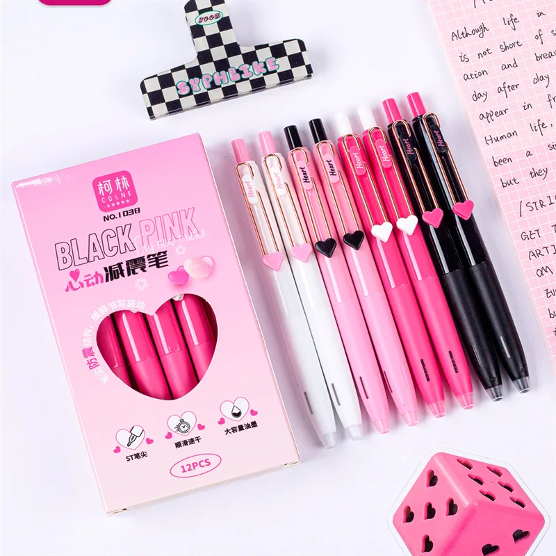 

12pcs New Creative Heartbeat Gel Pens Student Writing Press Ballpoint Pen Office Signature Neutral Pen School Supplies Wholesale