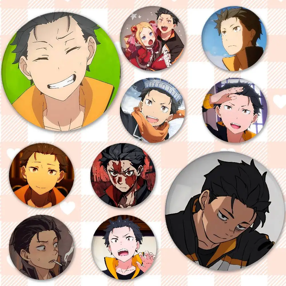 Anime Cartoon Subaru Natsuki Badges Peripheral Lapel Pins Tinplate Round Brooch For Shoulder Bag Accessories Souvenir Gifts