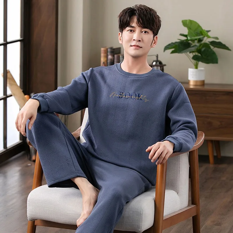 Thin Cotton Padded Pajamas Suit Autumn Winter Men Long-Sleeved Pullover Air Cotton Homewear Suit Male Large Size Sleepwear 2024