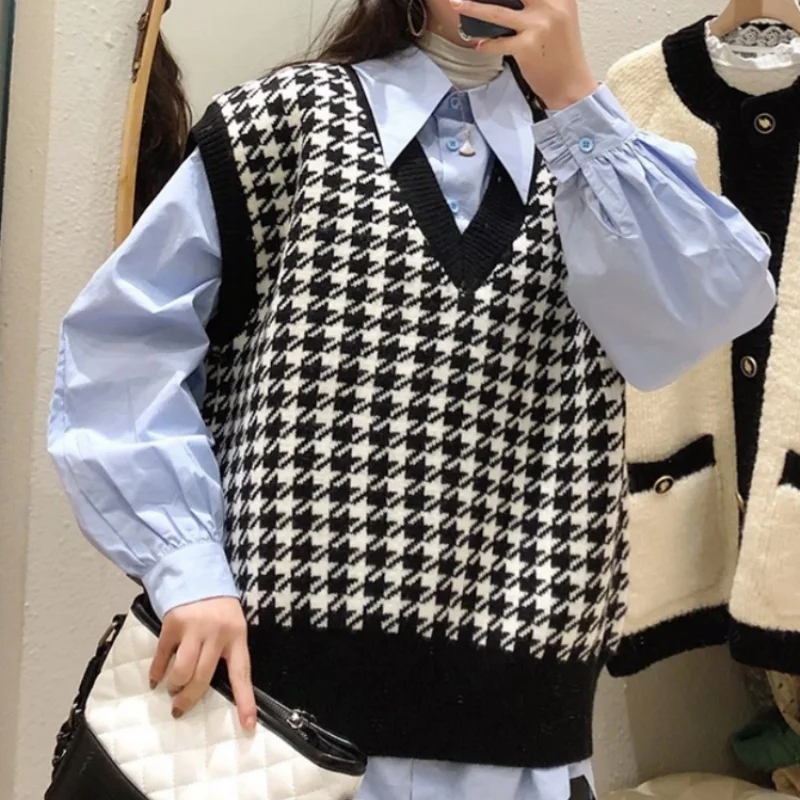 

Осень 2025 г., женский жилет без рукавов с v-образным вырезом, свитер, пуловер, клетчатый принт, вязаные топы, свободный элегантный повседневный трикотаж