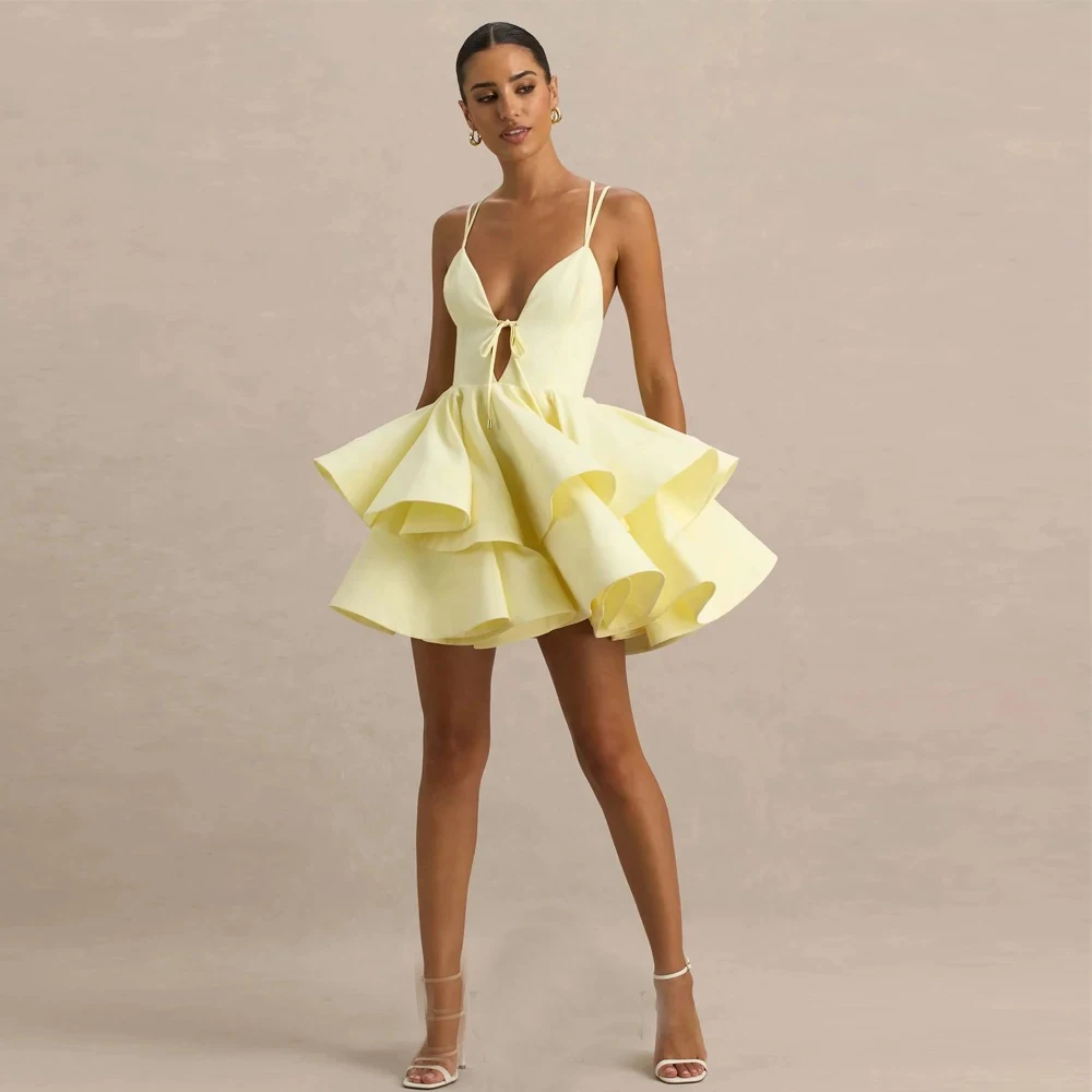 

Customized Sexy Jersey Criss-Cross Bow Tiered Pleat A-line Spaghetti strap Mini Dresses Bespoke Occasion Dresses Fashion Casual
