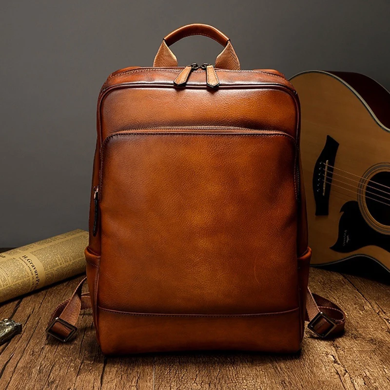 Handmade Genuine Leather Men Backpack Retro First Layer Leather Computer bag Latop Bags Casual Men\'s Travel Backpack Shoolbag