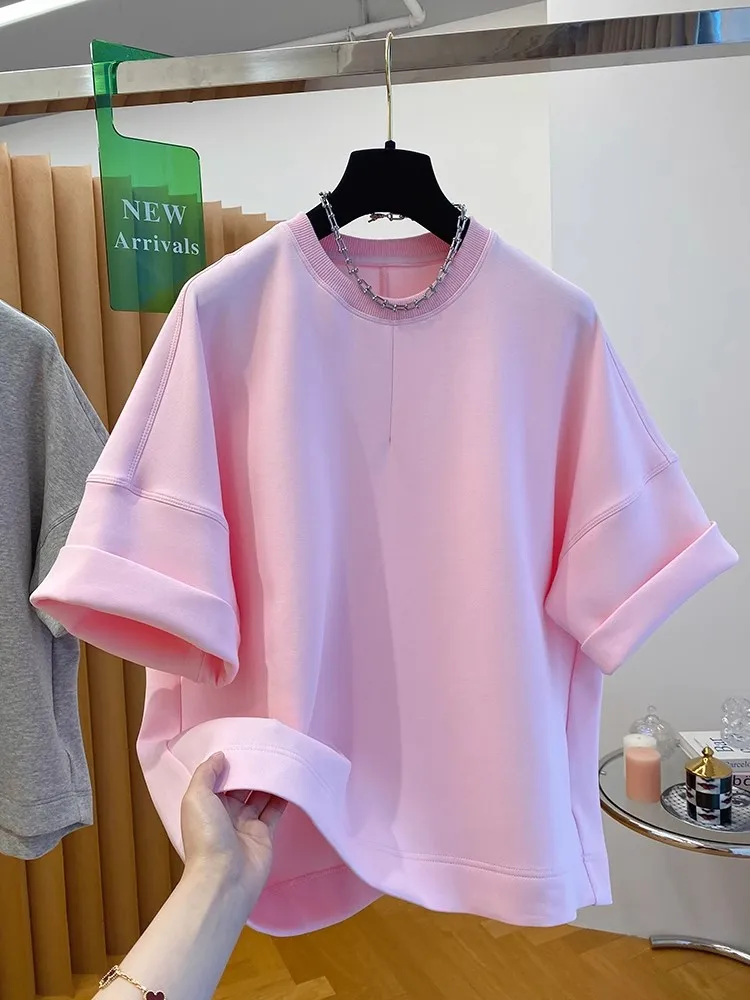 Camiseta Holgada de Algodón para Mujer, Estilo Informal, Color Rosa Dopamina, Algodón Espacial, Nueva Camiseta de Verano