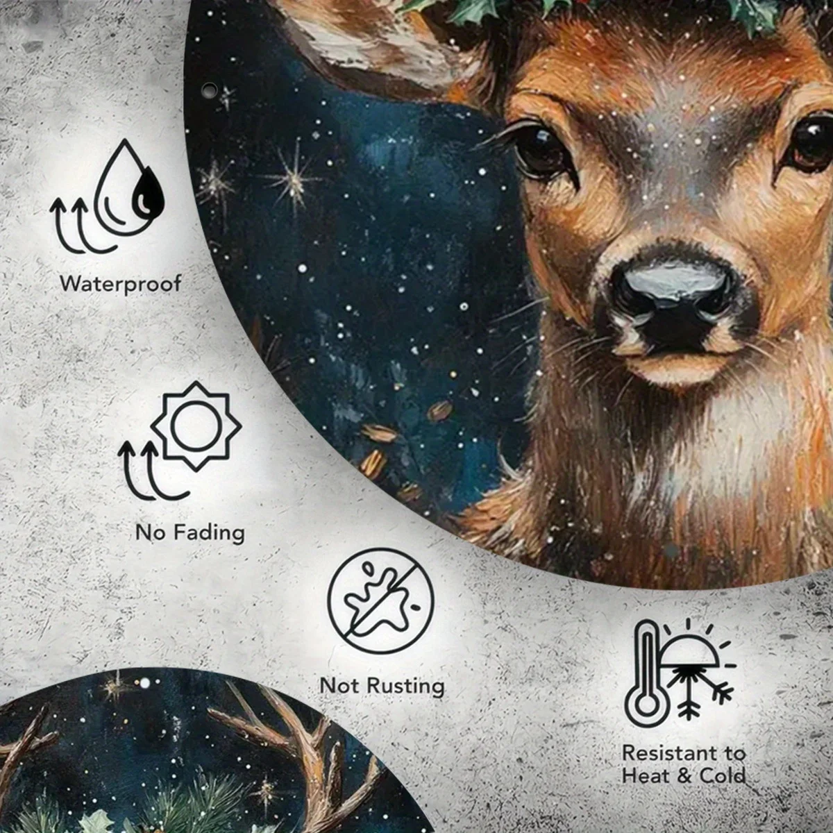 لوحة فنية جدارية معدنية لعيد الميلاد الرنة العتيقة - لافتة قصدير مستديرة مقاس 8 × 8 بوصة مع تصميم هولي وسماء مرصعة بالنجوم احتفالية، مثالية للحانات، Ca