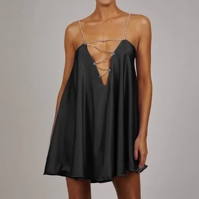 Nueva Falda Corta de Verano para Mujer, Estilo Metalizado con Cadena de Diamantes, Escote en V Profundo, Color Puro, de Una Sola Pieza