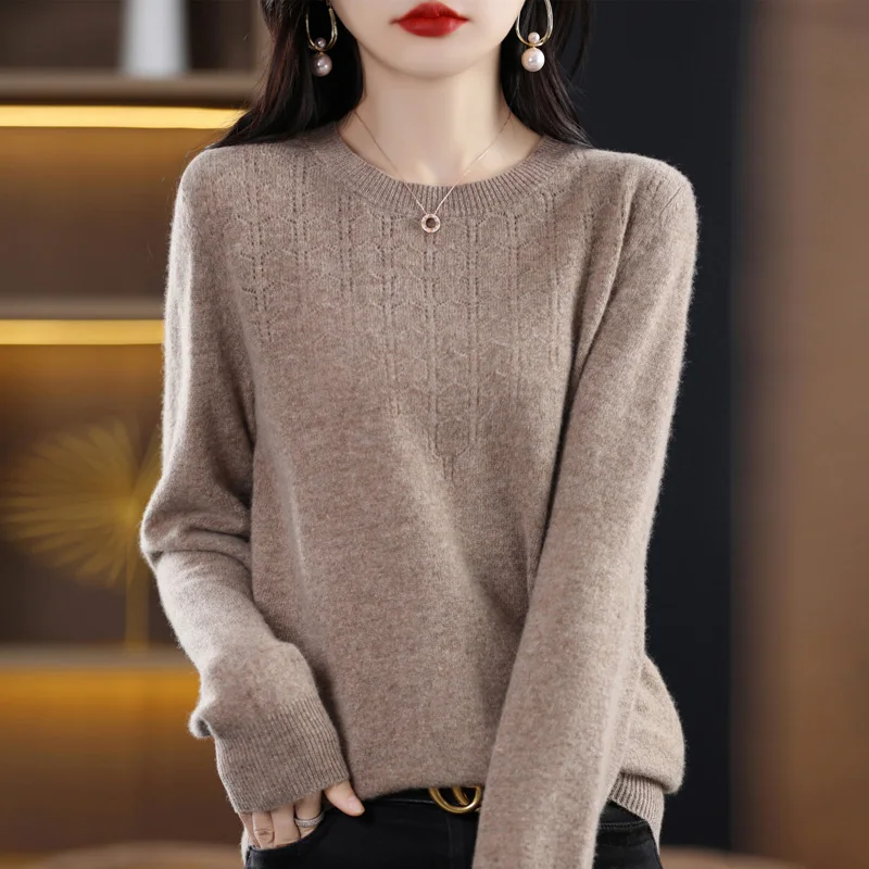 Women New Fashion Wool Soft Sweater Autumn Winter Hollow Out Round Collar Pullover Casual Basis Cashmere Warm Knitting Top