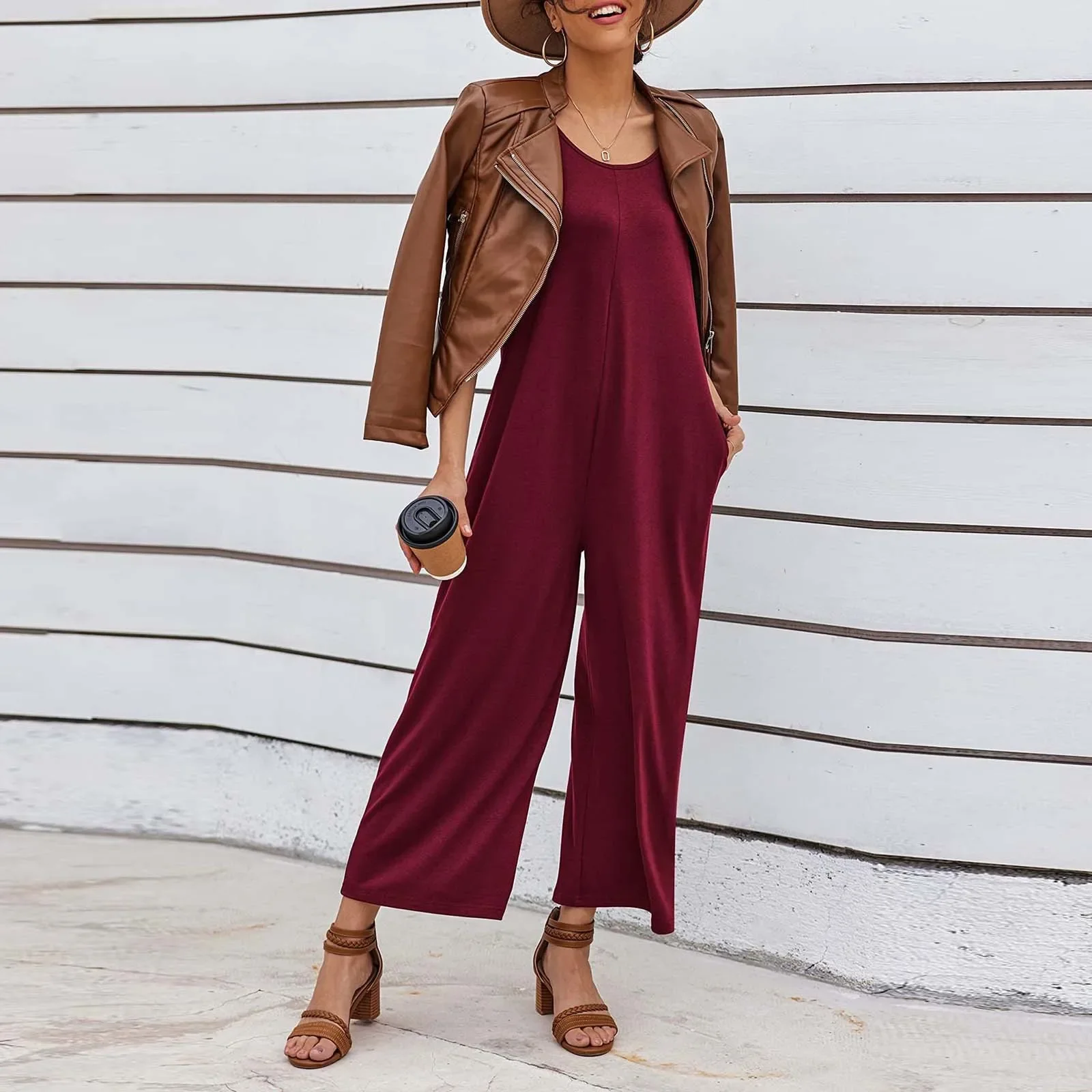 Women Casual Jumpsuits Summer Outfit Clothes Baggy Sleeveless Loose Wide Leg Rompers with Large Pocket Homewear Cotton Pants