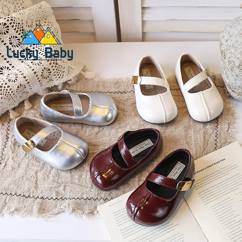 Zapatos de Diseño de Moda para Niñas, Zapatos de Primavera y Otoño para Niños, Zapatos Planos Escolares para Niña Pequeña, Zapatos de Cuero PU Suave, Color Plateado, Vino Tinto, Beige