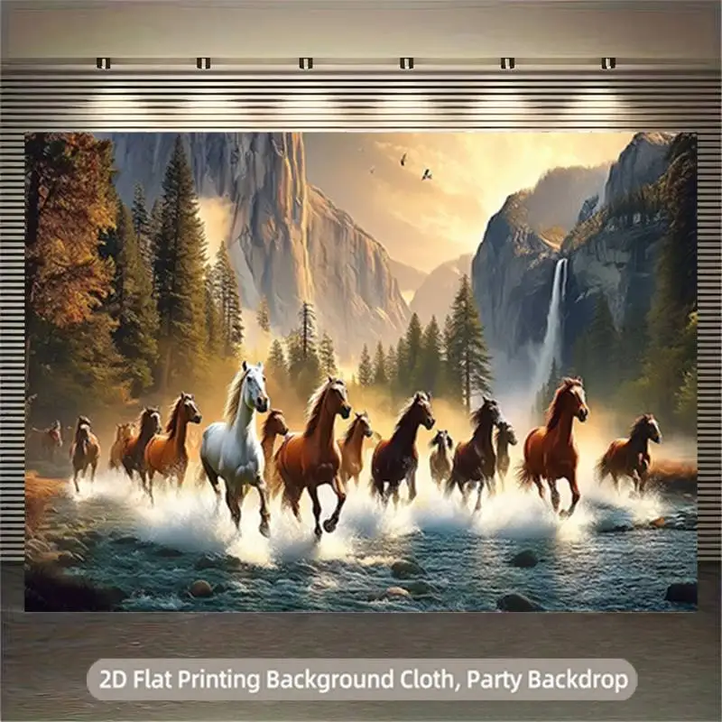 Wild Horses Running Tapestry - Mountain Waterfall Nature Pattern Wall Hanging for Rustic Home Decor