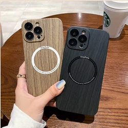 Luxury Wood Grain Magnetic For Magsafe Wireless Charge Phone Case For iPhone 16 15 14 13 12 Pro Max Plus Lens Protection Cover