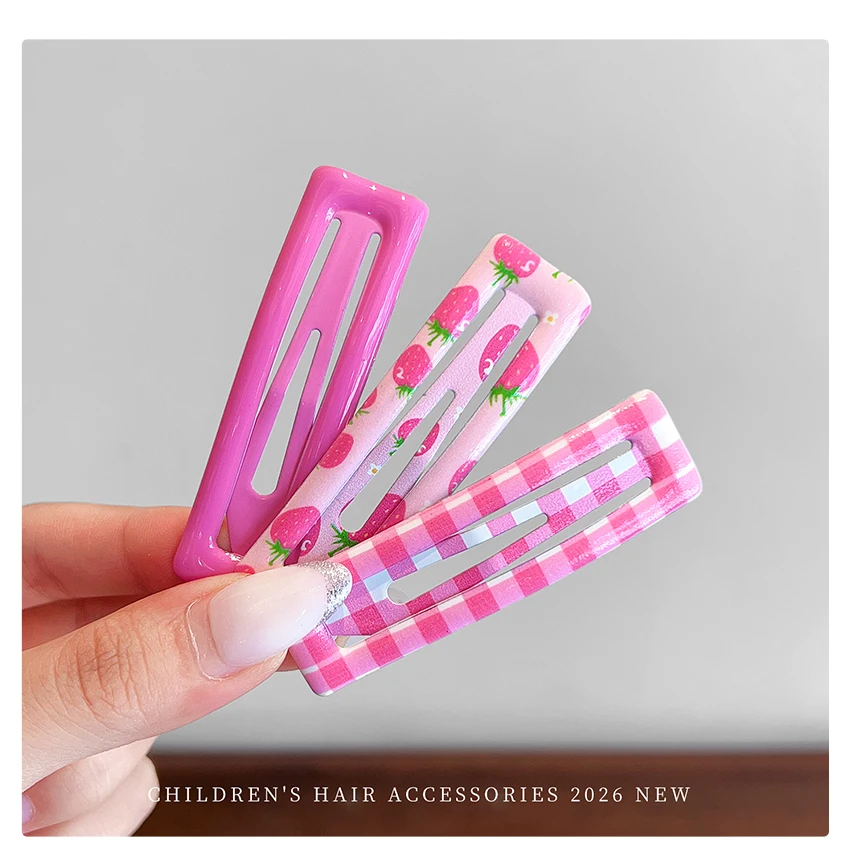 Neue koreanische 3-teilige Haarspangen-Sets mit kariertem, floralem und fruchtigem Muster für Frauen, Mädchen und Kinder, BB-Haarspangen, Mädchen-Haaraccessoires – Detail 5
