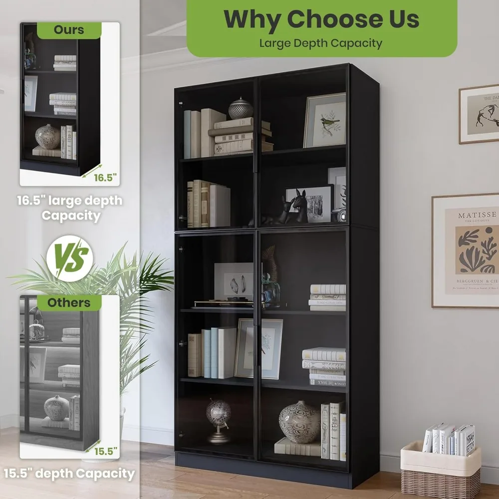 "خزانة عرض كبيرة بباب زجاجي مقاس 78.7 بوصة مع مساحة تخزين من 5 طبقات وأضواء LED ورف كتب أسود طويل القامة مع مساحة تخزين"