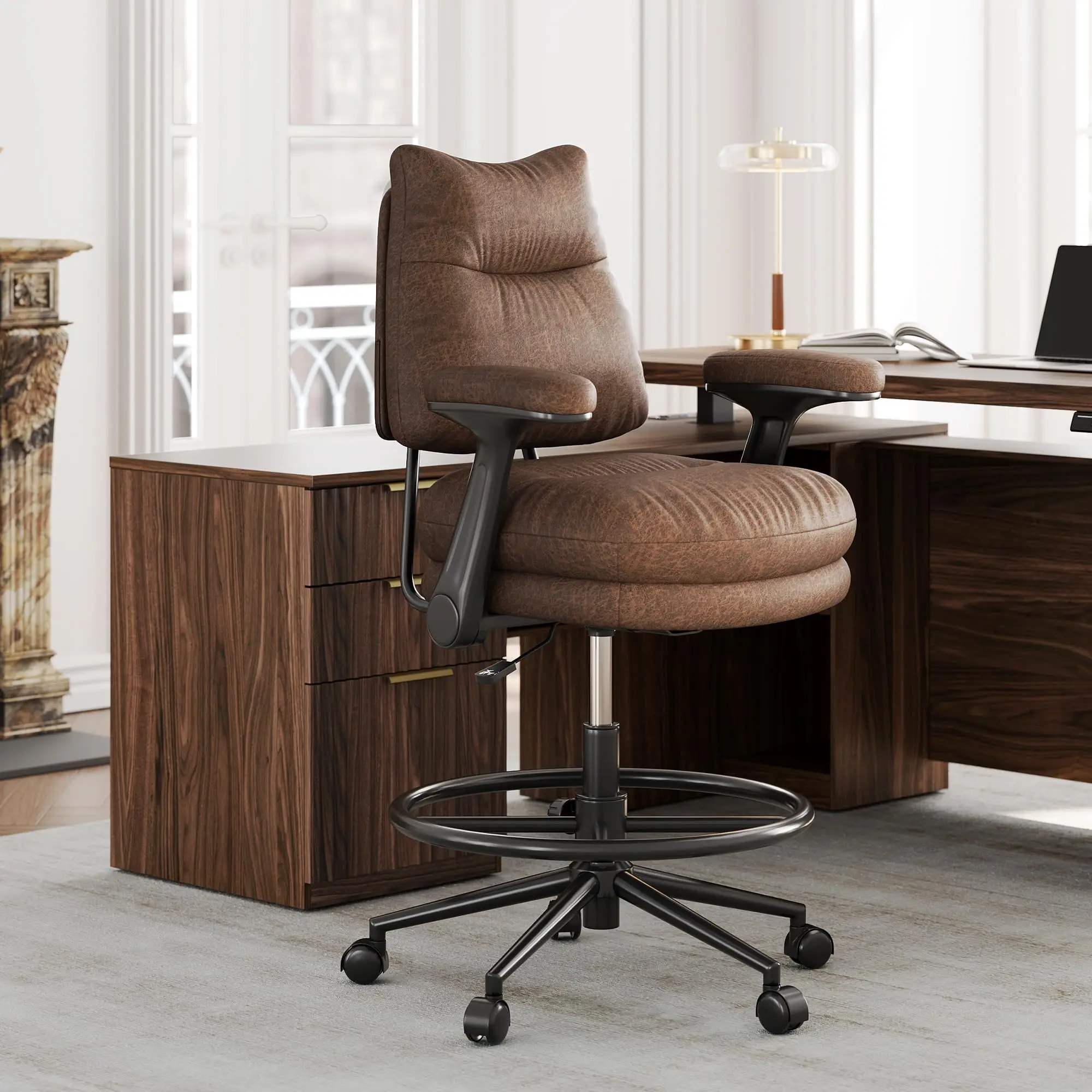 Executive Drafting Chair, Extral Thick Tall Office Chair with Padded Flip-Up Armrests, Mid-Back Cushioned Seat, 360°