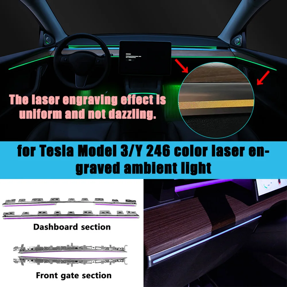 

246-цветный светодиодный окружающий свет для Tesla Model 3/Y, приборная панель, внутренний светодиодный декоративный светильник в стиле лазерной гравировки