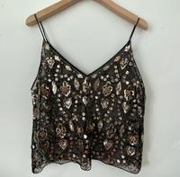 Puloru Trendy Sequins Beads Flower Pattern Vests Women's Sleeveless Open Back V Neck Camisoles See-Through Chic Summer Camis