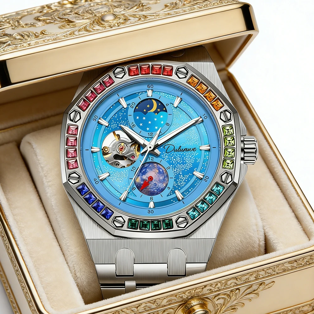 

Men's Brand Luxury Colored Diamond Mechanical Watch Men Sport Waterproof Luminous Moon Phase Automatic Skeleton Wristwatches Men