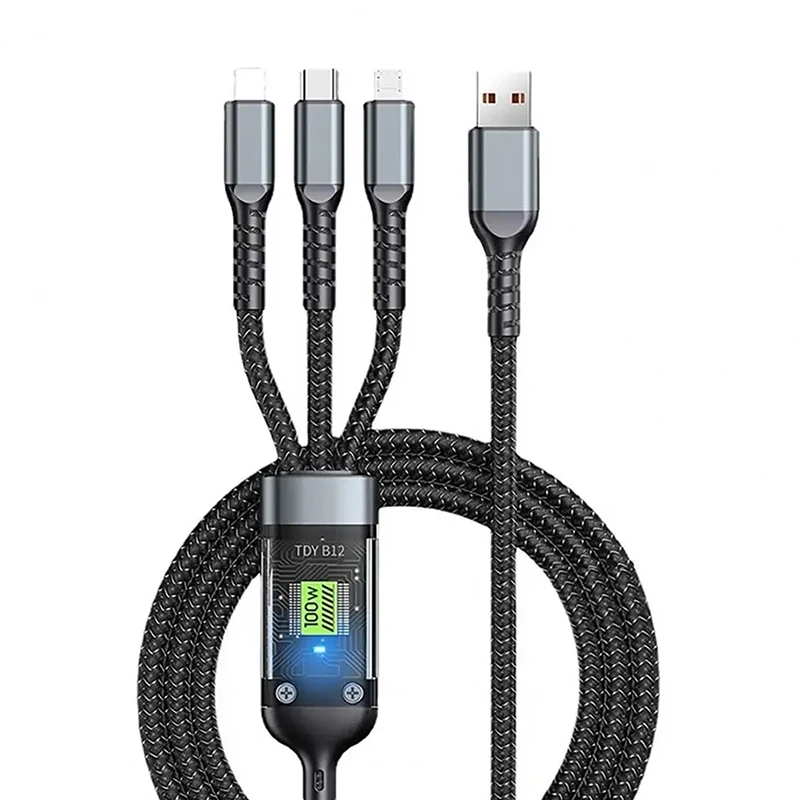 100W Fast Charging Cable Multi Charger Cable Nylon Braided Multiple USB Universal 3 In 1 Charging Cord Adapter With Type-C Micro