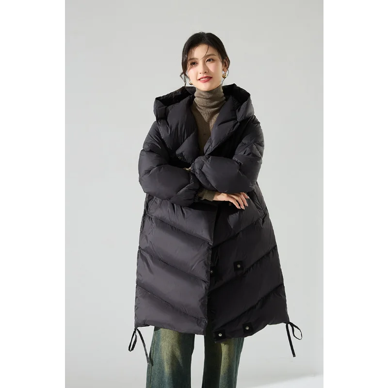 Long Hooded Puffer Parkas for Women, 90% White Duck Down, Thick Warm, Double Breasted Coat, Fashion, Fall and Winter