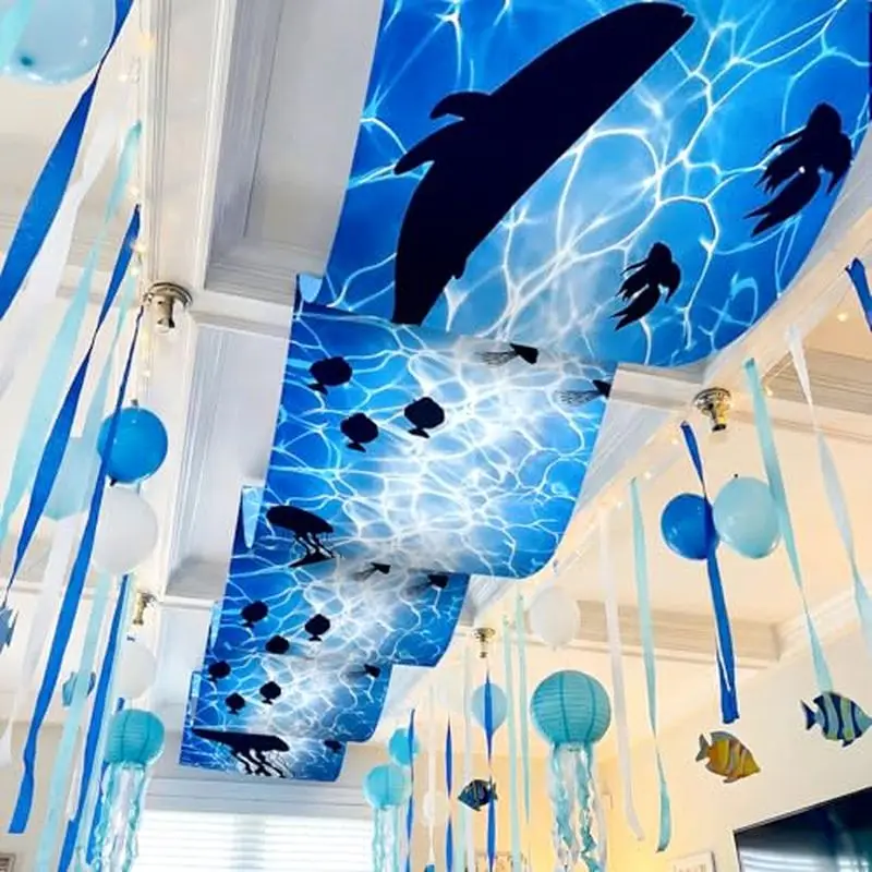 VIKAMA Ocean Whale Ceiling Hanging Curtain, Blue Water Ripple Fish Print Decoration Strip for Underwater Party Kids Room Decor