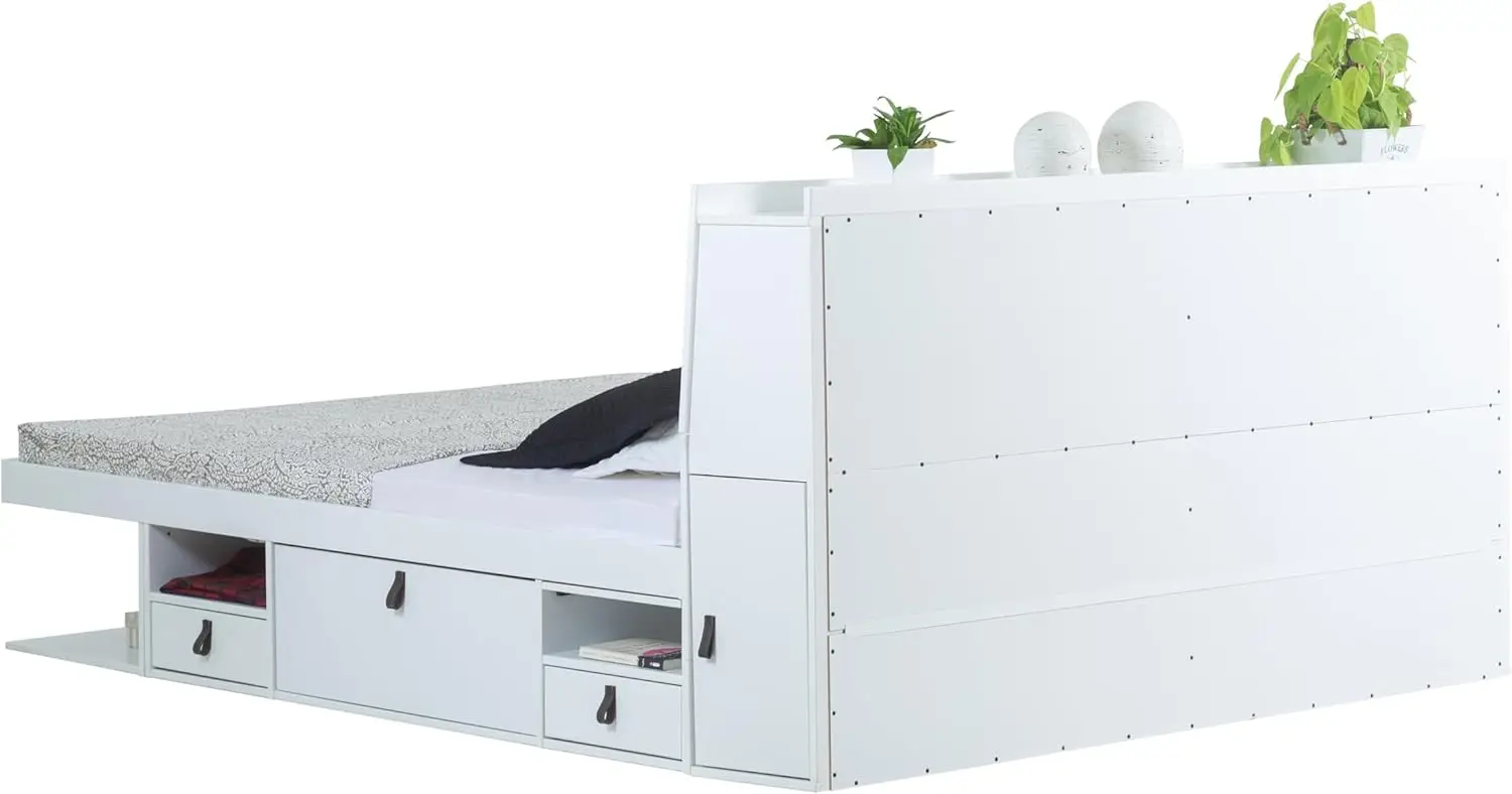 memomad Bali Storage Set: Storage Platform Bed with Drawers + Storage Headboard (King Size, White Wood)