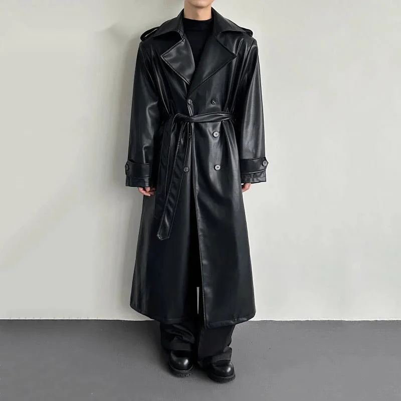 Men's Stylish Lace-Up PU Leather Long Trench Coat Fashion Double-Breasted Lapel Chic Black Long Overcoat Jacket CPGUUY9