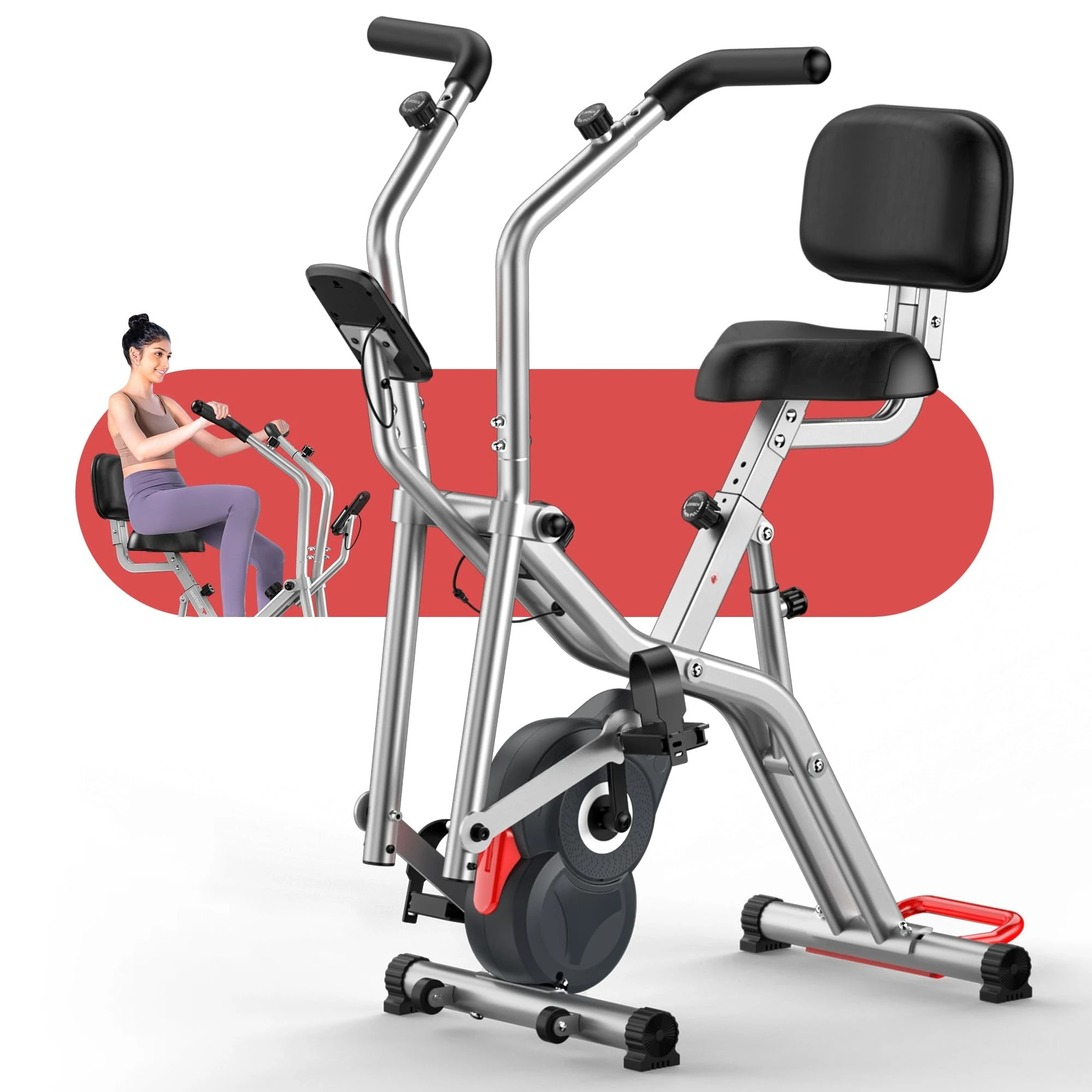 Foldable Elliptical Exercise Bike, 8-Level Magnetic Stationary Bike Home