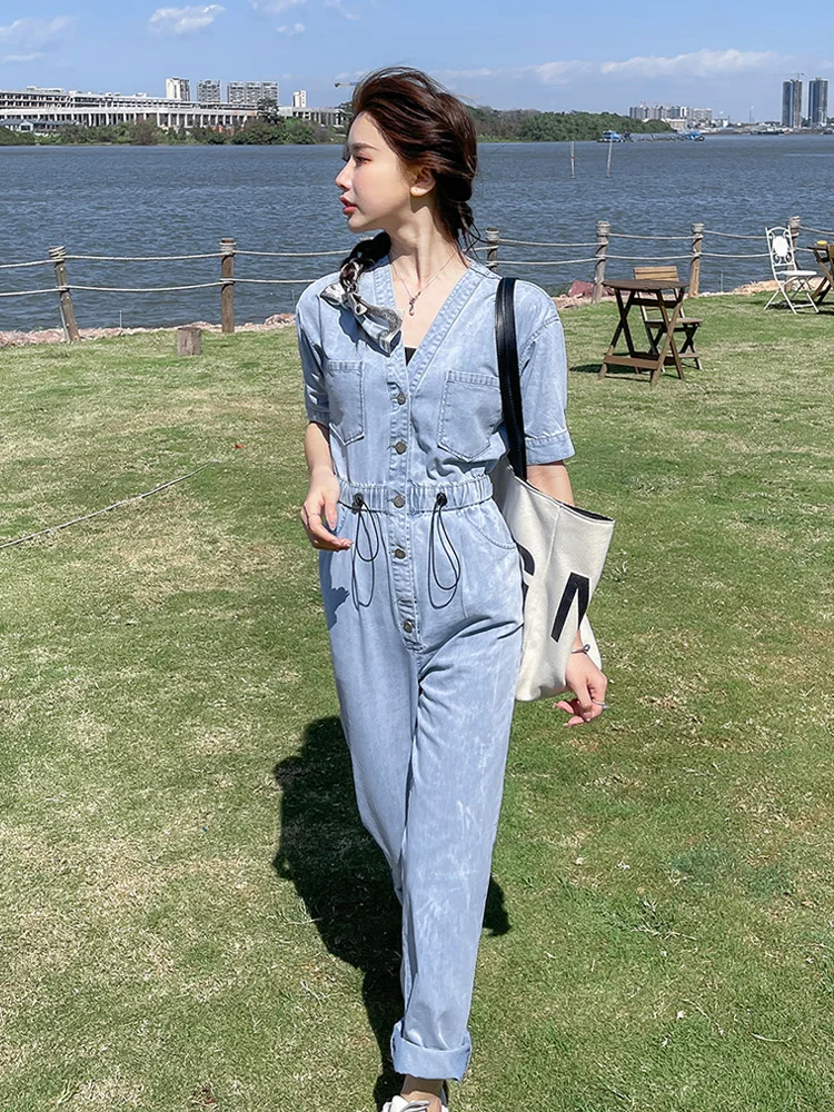 

Новинка 2024: Женский комбинезон-джинсы с высокой талией, широкие брюки в стиле корейской рабочей одежды, цельный, модный, летний хит