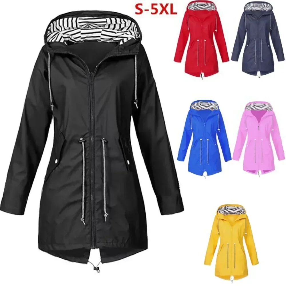 

Women's Waterproof Raincoat, Casual Basic Outdoors Trench, Lightweight Drawstring Jackets, Hiking Clothes for Spring, Autumn