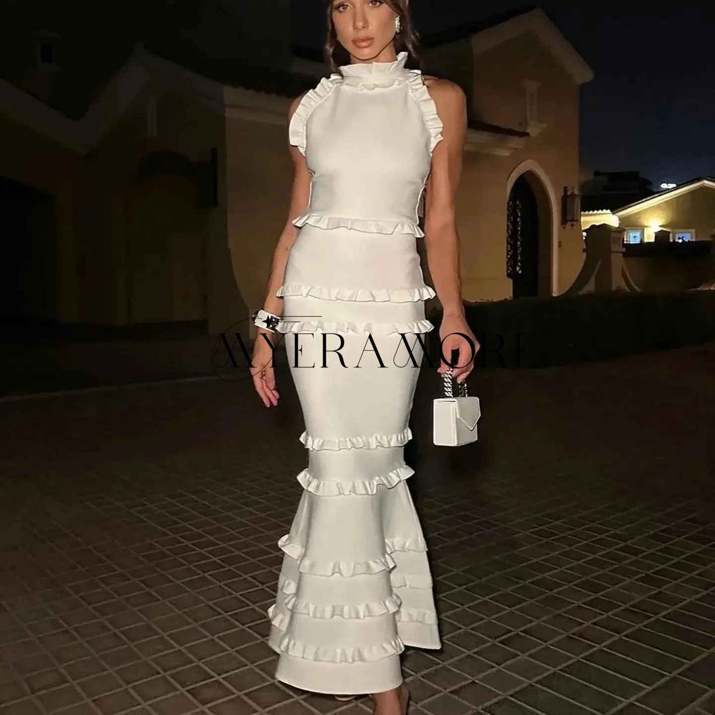 Vestido de noche Sexy con cuello Halter, sirena, sin mangas, con volantes escalonados, hasta el tobillo, vestido de fiesta para graduación, personalizado