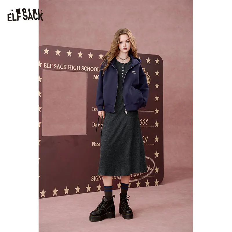 ELFSACK 2024 Autumn New Arrivals Casual waist cinching slimming round neck, knitted dress for women